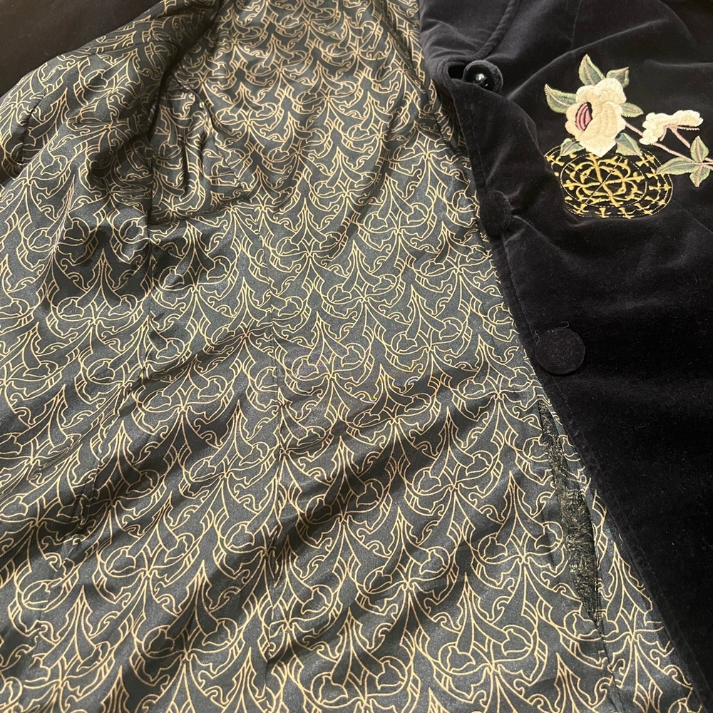 CAbi Black Velvet Trench Coat with Gold and Green Embroidery - Picture 5 of 6
